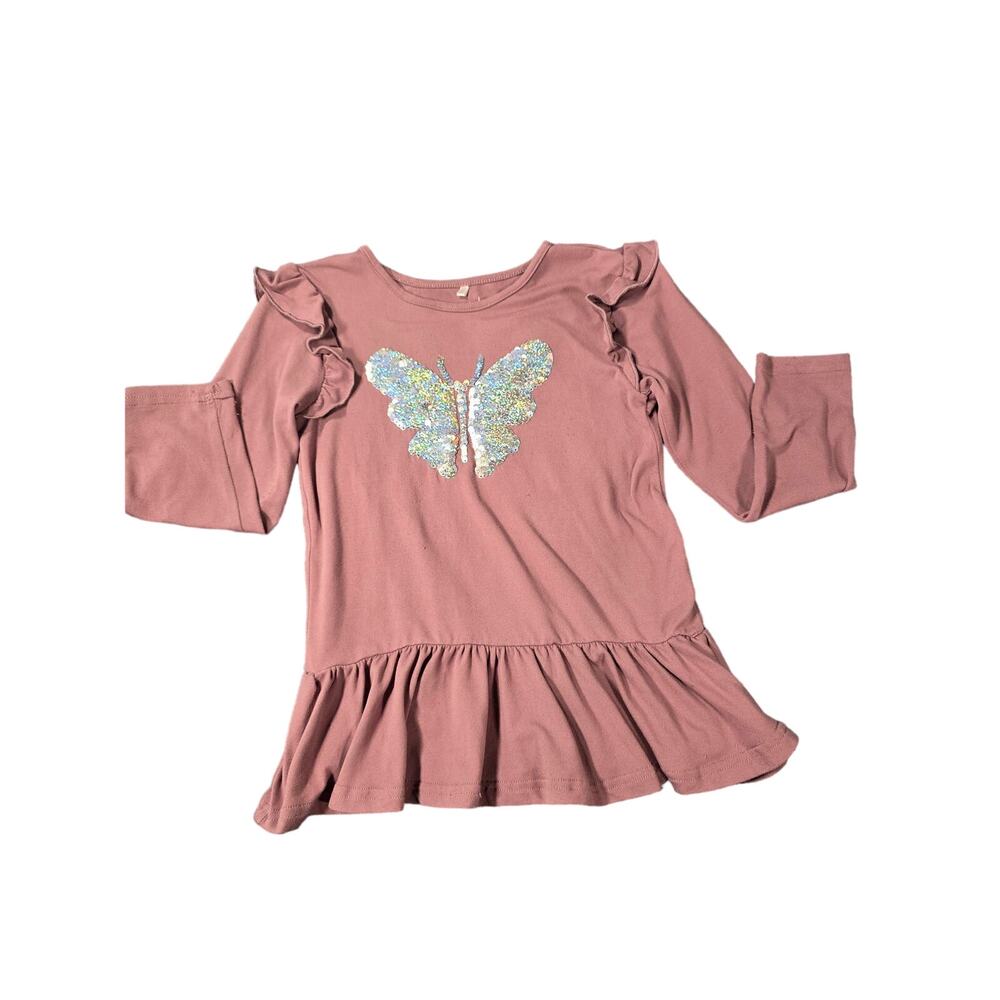 Girls Pink Butterfly Sequin Top Long Sleeve Ruffle Hem Size 5 Cute Fairycore